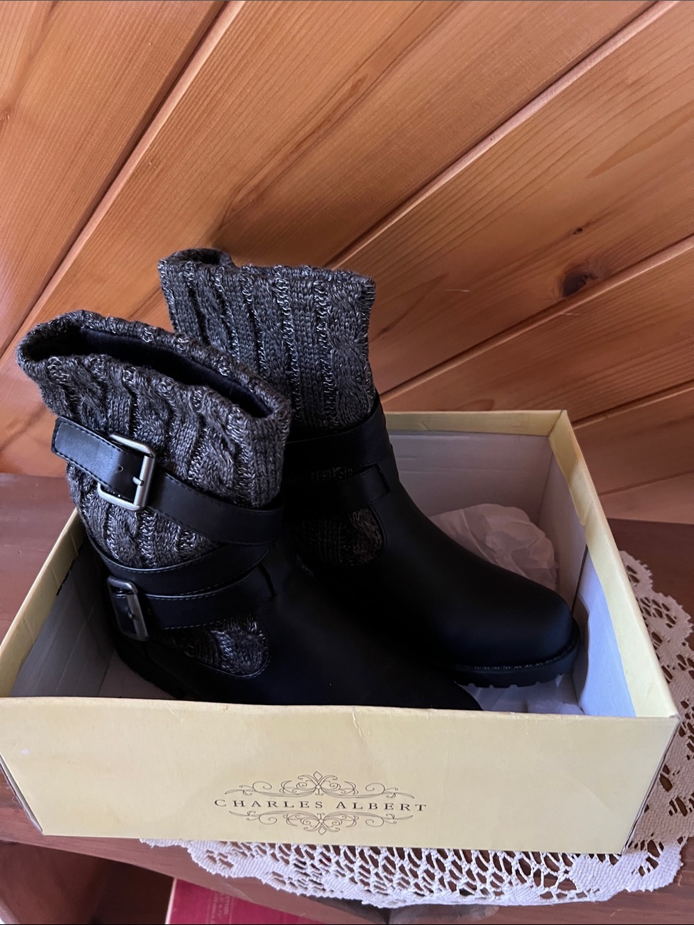 Charles Albert Black Ankle Booties with Knit Cuff